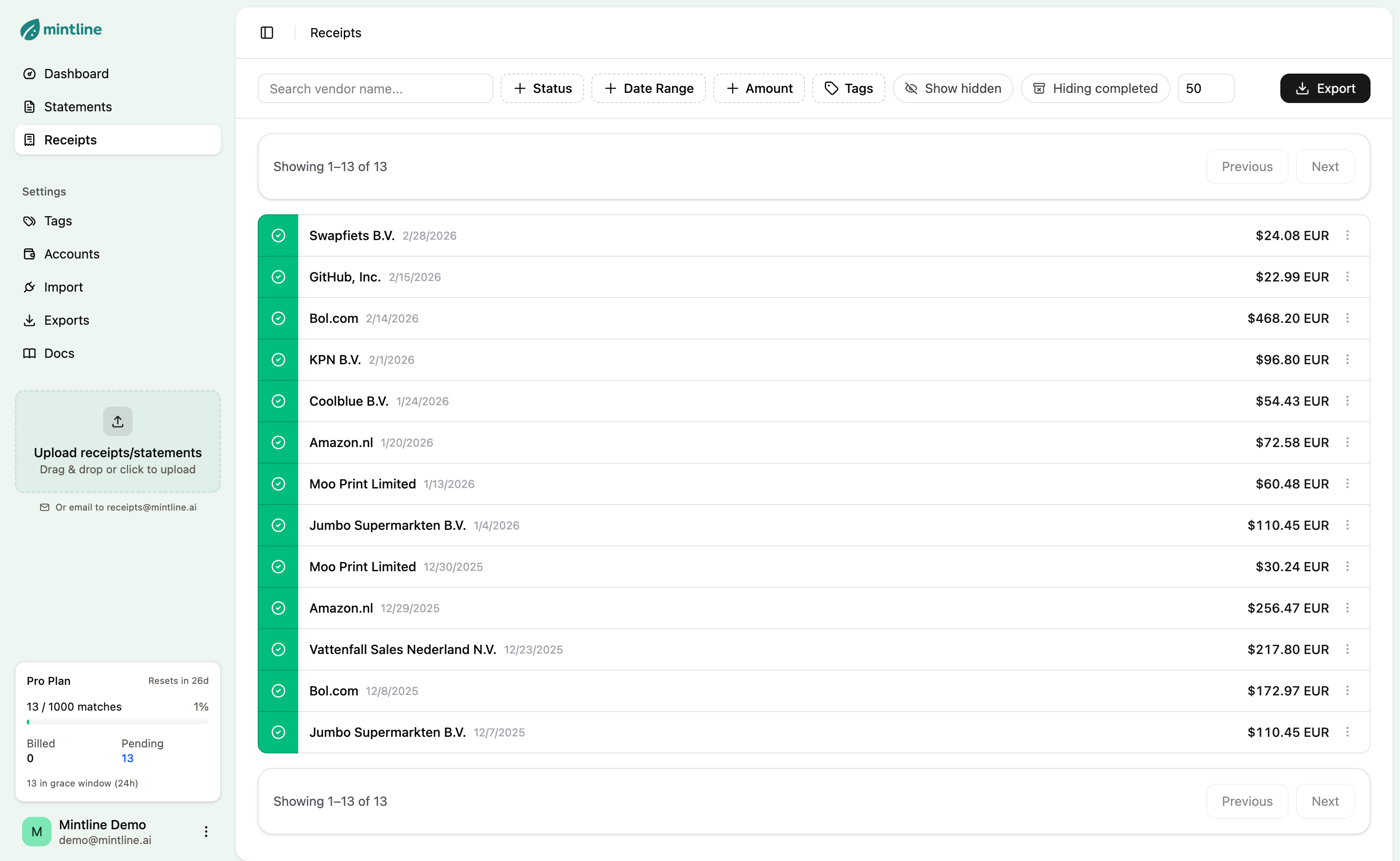 Email receipts syncing to Mintline